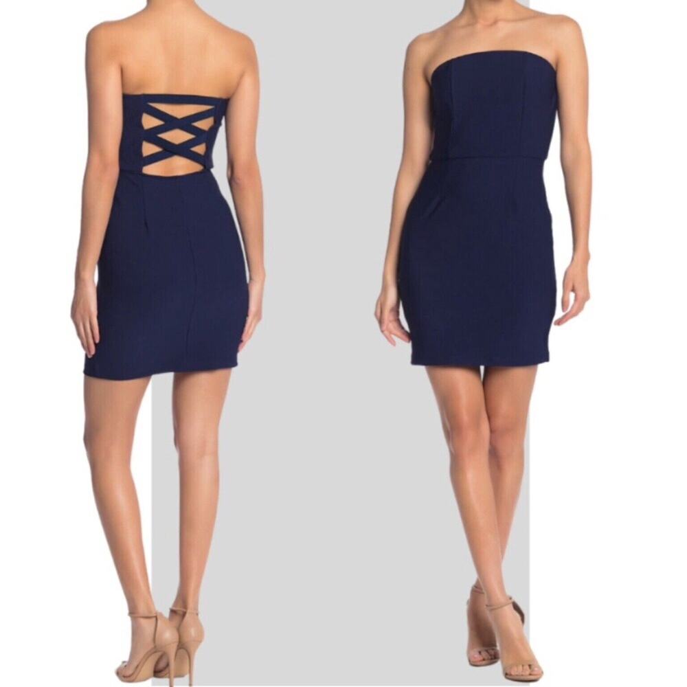 Kenedik Strapless Dress Women's Size L Navy Mini Bodycon Crisscrossed Open Back